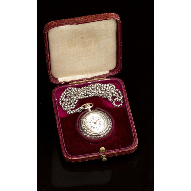 Reloj de Bolsillo de Señora de Plata Maciza. Alemania, 1900. Maquinaria Grabada y en Estuche Original