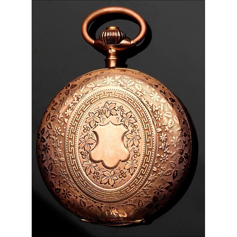 Valioso Reloj de Bolsillo Suizo de Oro Macizo, Ca. 1860. Decorado con Grabados. Contrastado