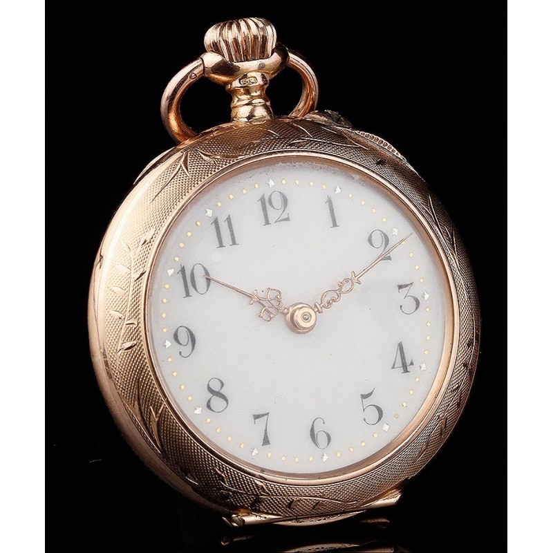 Precioso Reloj de Bolsillo de Señora en Oro Macizo de 14K. Suiza, Circa 1890