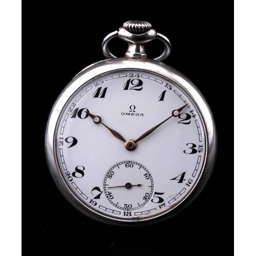 Reloj de Bolsillo Omega de Plata Maciza. Suiza, Circa 1920. En Perfecto Funcionamiento