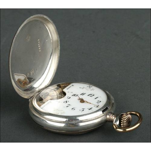 Magnífico Reloj de Bolsillo Hebdomas en Plata, Bien Conservado y Funcionando. Circa 1900