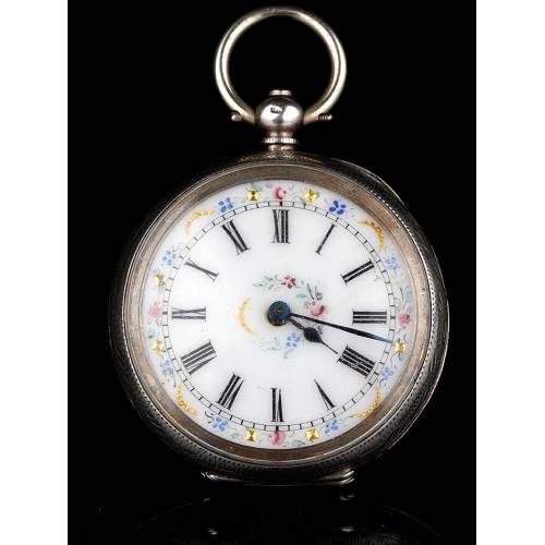 Swiss pocket watch in solid silver. Hand Enameled Dial. Circa 1870, Working
