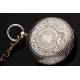 Beautiful English Pocket Watch in Solid Silver. With Key and Chain. Year 1885