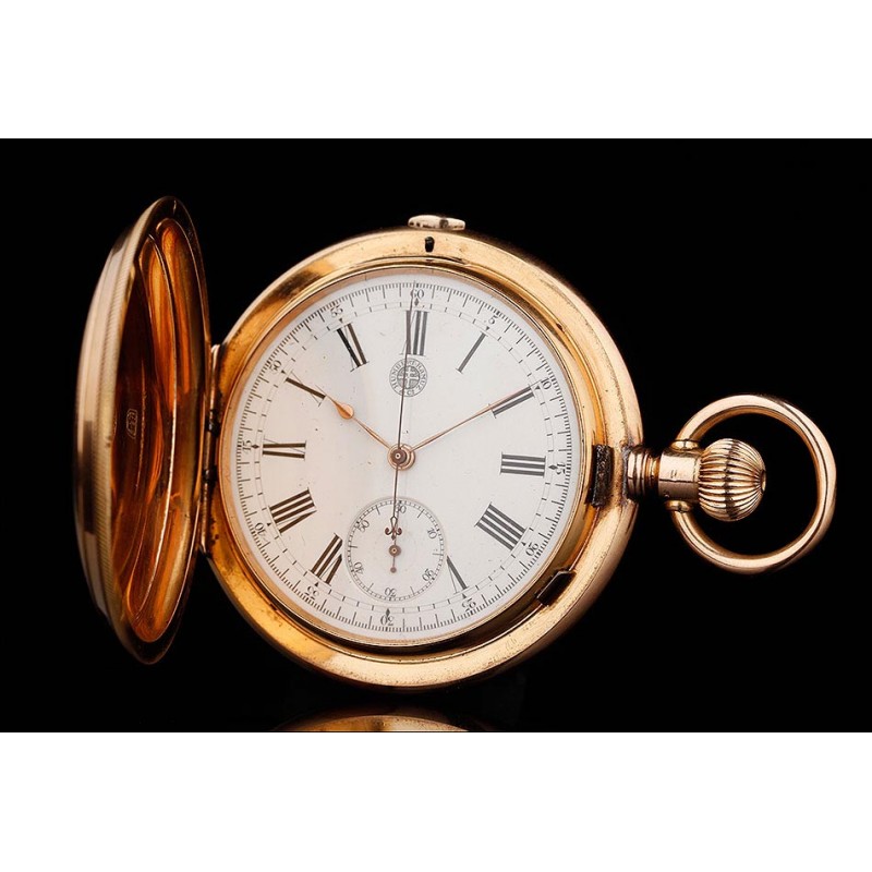 Magnífico Reloj de Bolsillo - Cronómetro Suizo de Oro Macizo de 18 K, Fabricado Circa 1890. Contrastado