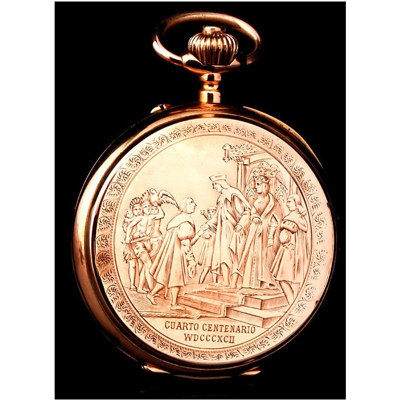 Antiguo Reloj de G. Wahl & Co en Oro 18 K del IV Centenario del Descubrimiento de América. Suiza, 1892