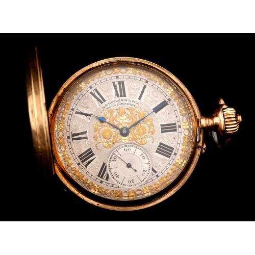 Impresionante Reloj de Bolsillo Ginebrino de Oro 18 K Firmado por Huguenin. Suiza, 1900