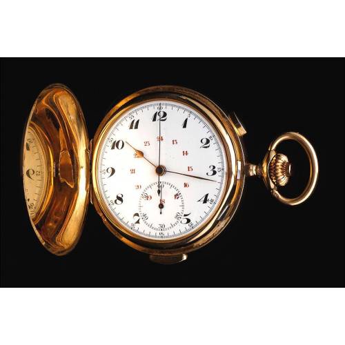 Antique 18K Solid Gold Pocket Watch with Chronograph and Chime. Switzerland, Circa 1900