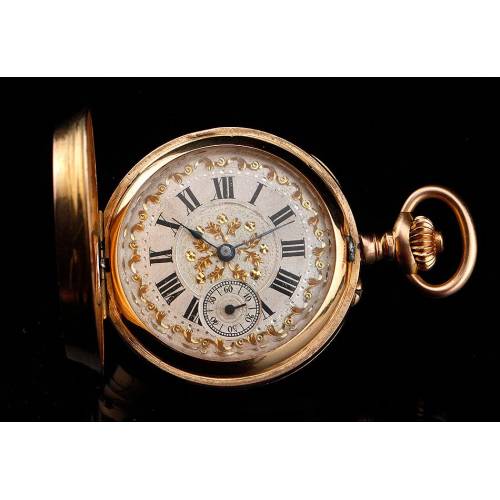 Fantástico Reloj de Bolsillo de Oro Macizo de 18K Decorado con Diamantes. Suiza, Circa 1900