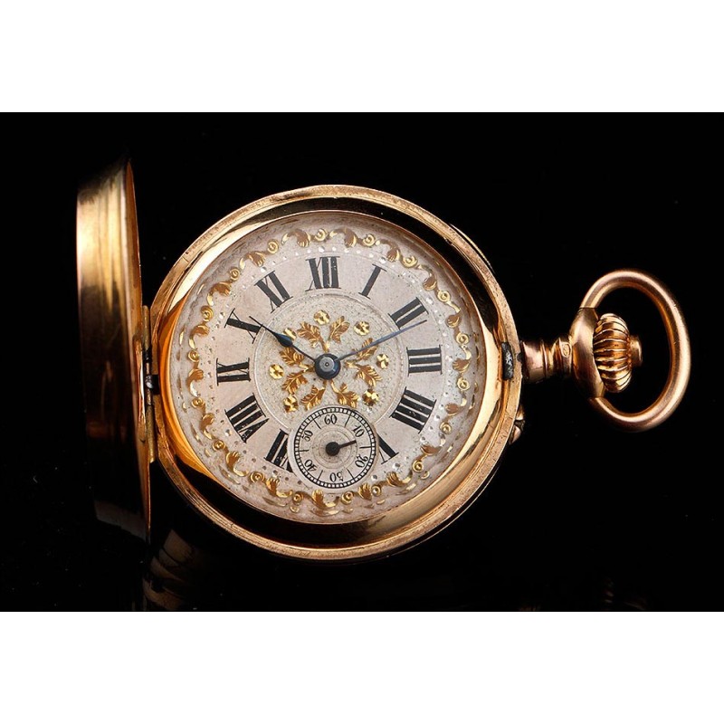 Fantástico Reloj de Bolsillo de Oro Macizo de 18K Decorado con Diamantes. Suiza, Circa 1900