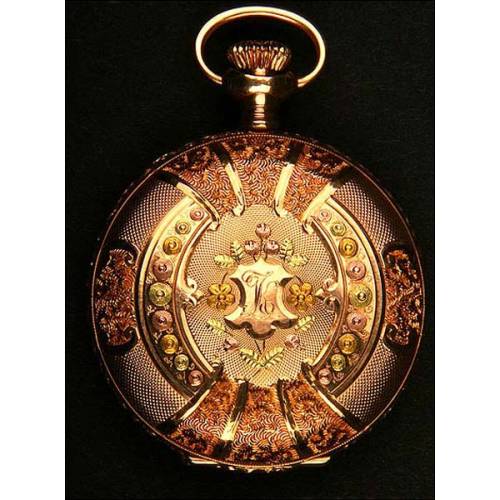 Espectacular reloj de bolsillo antiguo en oro macizo de 3 colores. Tres tapas. 1897