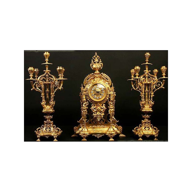 Reloj de sobremesa antiguo + guarnición de candelabros. 1870