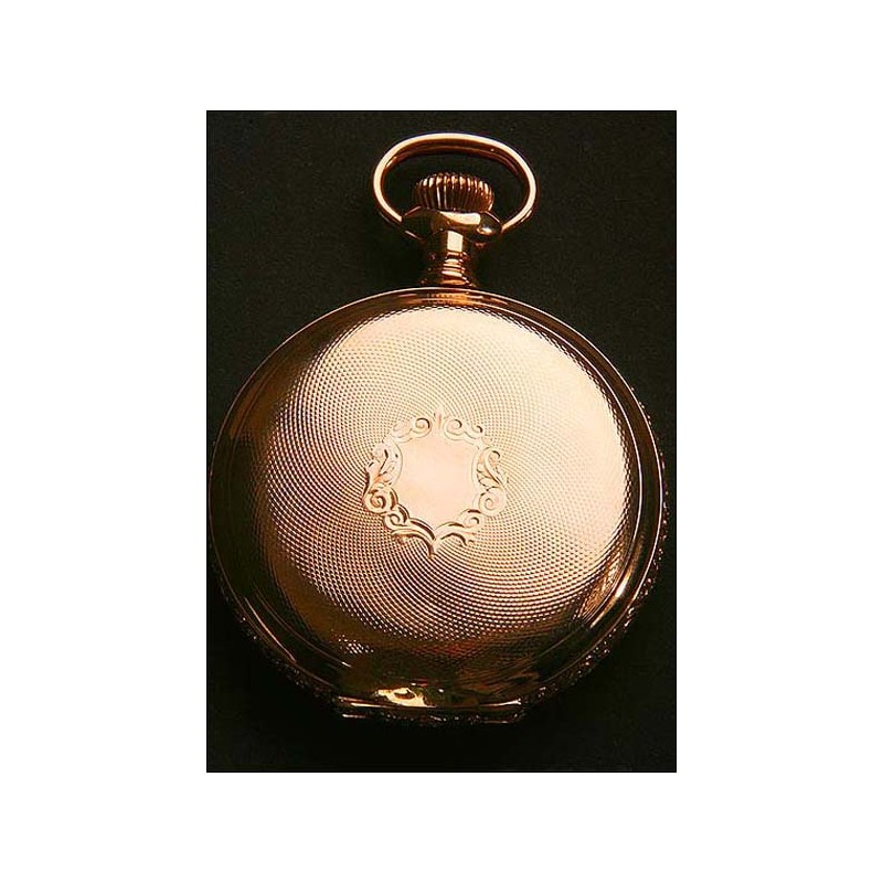 Magnífico reloj de bolsillo en oro macizo. Firmado. Tres tapas. 1884