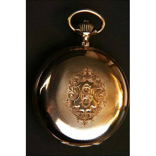 Solid gold pocket watch. Erotic dial with automaton. 50 mm. 1890