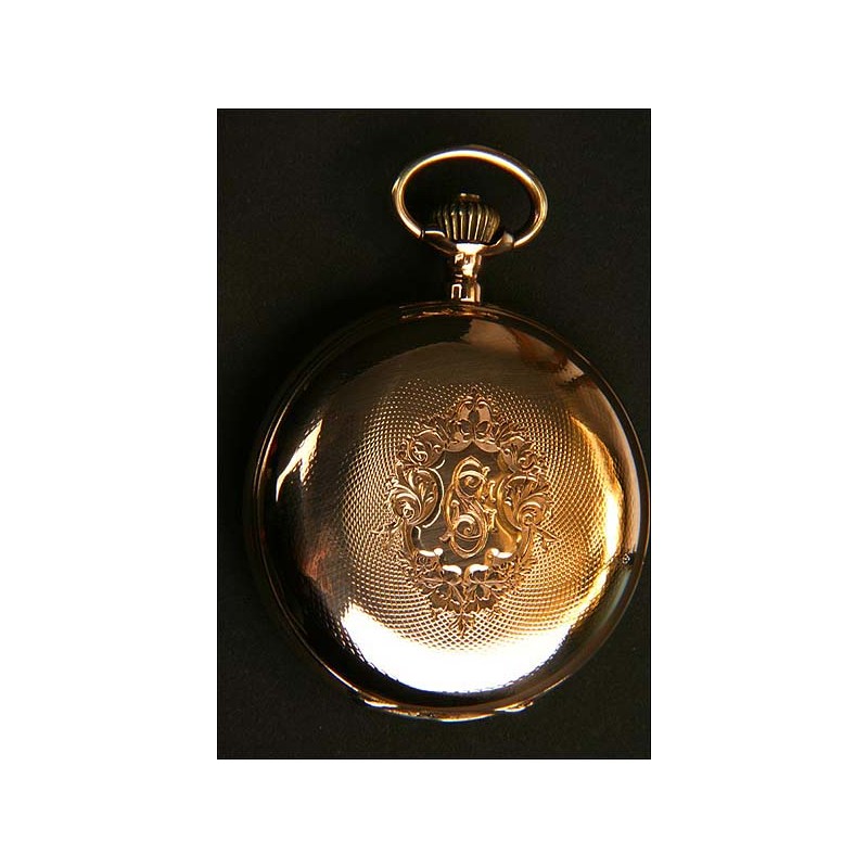 Solid gold pocket watch. Erotic dial with automaton. 50 mm. 1890