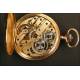 Reloj de bolsillo en oro macizo. Esfera erótica con autómata. 50 mm. 1890