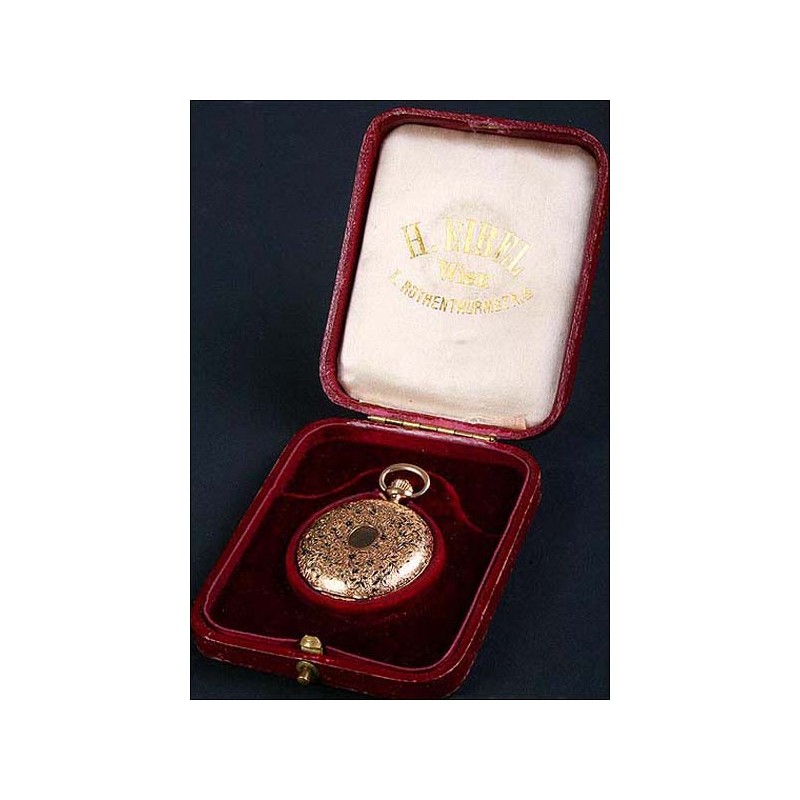 Exceptional pocket watch in solid gold and enamel. 15 rubies. 1860