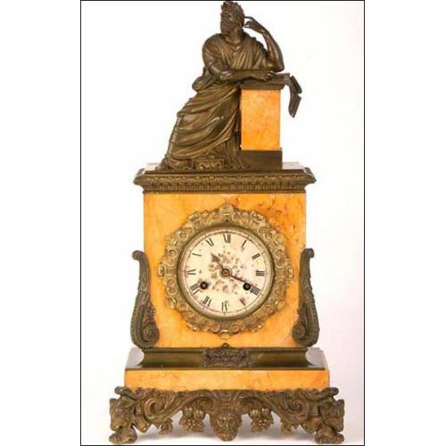 Antique French bronze and marble antique clock. Signed. c. 1850