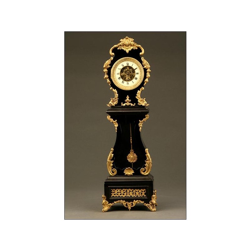 Curious Rococo Mantel Clock in Ebonized Wood and Brass Sconces, ca.1900.