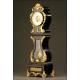 Curious Rococo Mantel Clock in Ebonized Wood and Brass Sconces, ca.1900.