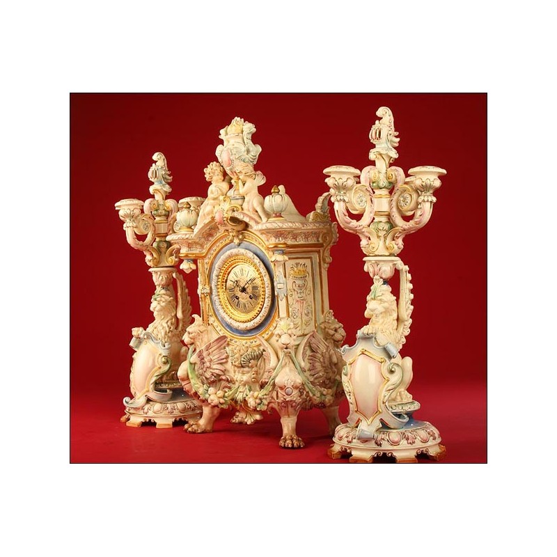 Important German Porcelain Clock with 8 days Gustav Becker.1900