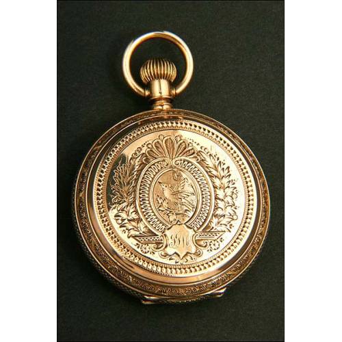 Eureka pocket watch in 14K solid gold. Circa 1881.