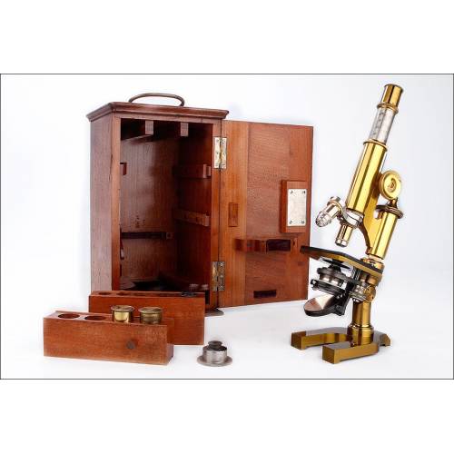 Fantástico Microscopio Antiguo E. Leitz Wetzlar con Estuche Original. Nueva York, 1895