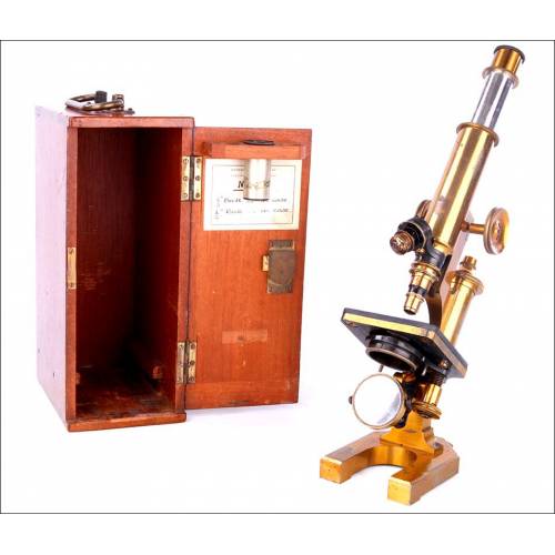 Fantástico Microscopio Antiguo R. & J. Beck en Estuche Original. Inglaterra, 1880