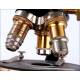 Microscopio profesional antiguo E. Leitz Wetzlar. Con juego de accesorios y estuche original.