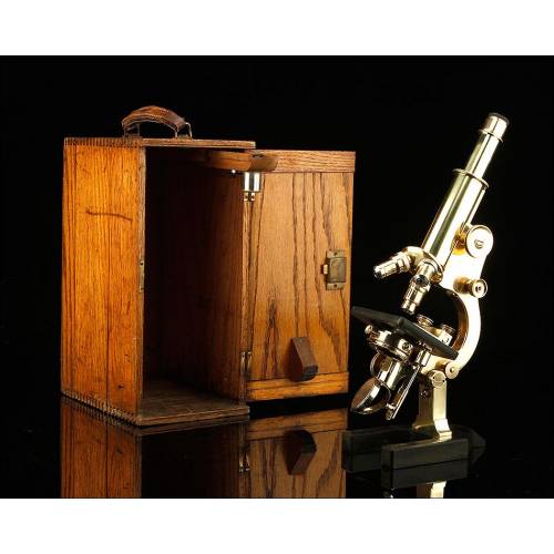 Fantastic Brass Microscope in Original Case. London, Circa 1910