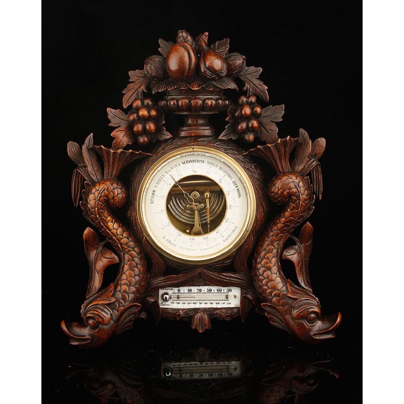Important Aneroid Barometer with Hand Carved Case. Holland, 1900