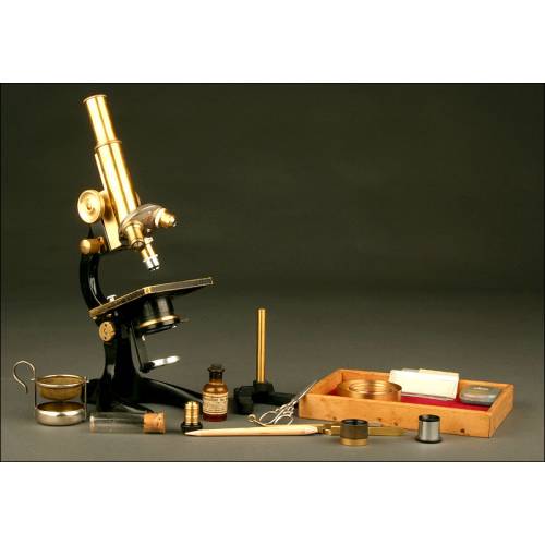 Antiguo Microscopio Alemán W&H Seibert de 1.910. Con Accesorios para Preparación de Muestras