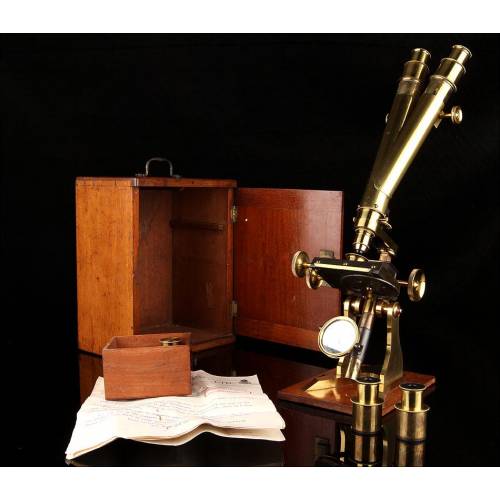 Antiguo Microscopio Binocular Inglés del Siglo XIX. Hudson & Son. Funcionando. Con Estuche y Documentos