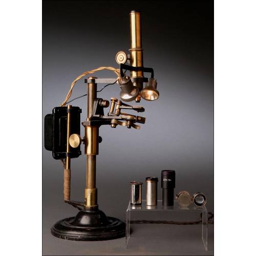 Raro Microscopio Alemán Para Muestras Tridimensionales. Circa 1900. Funcionando Bien