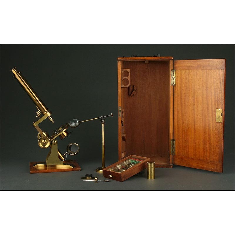 Exclusive English Gilt Brass Microscope, 1860. Very Well Preserved and Working