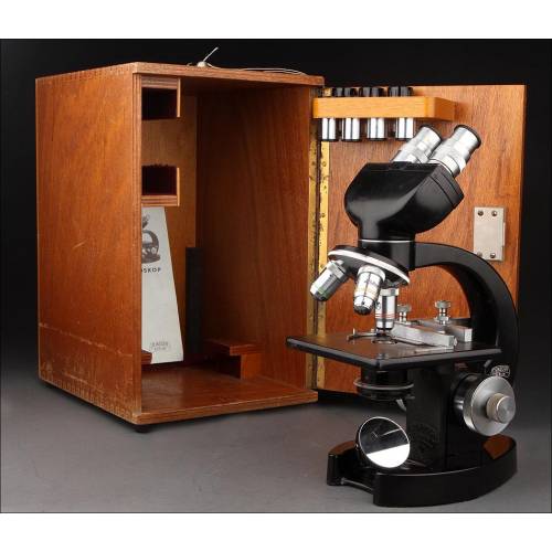 Fantástico Microscopio Binocular Steindorff Fabricado en Alemania en los Años 60. Estuche de Madera Original