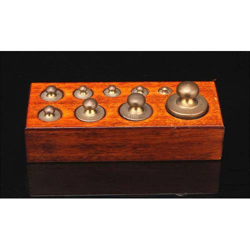 Fine Set of Precision Balance Weights on Mahogany Base. Spain, 1930's