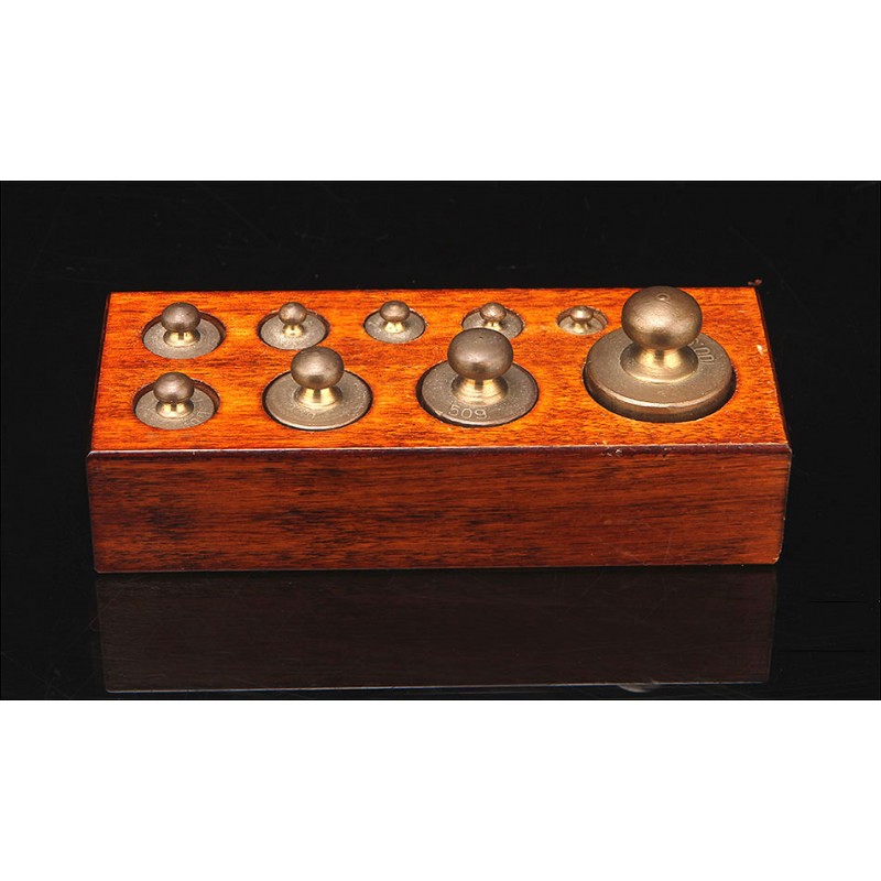 Fine Set of Precision Balance Weights on Mahogany Base. Spain, 1930's