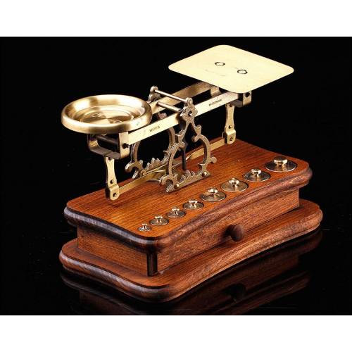 Gilt Brass Postal Scale with Wooden Base. Germany, 1920. With Set of Weights