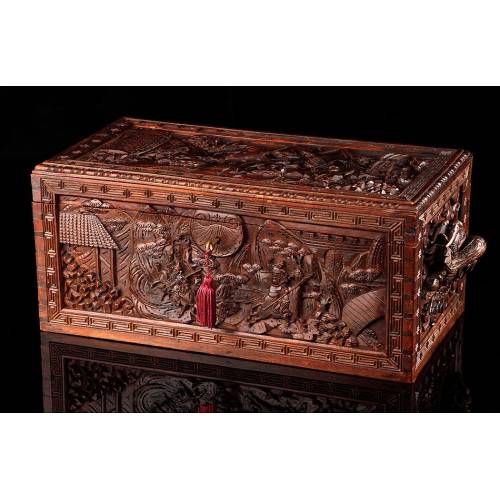 Attractive Hand Carved Sandalwood Chest. China, 1920-30. Magnificent Condition
