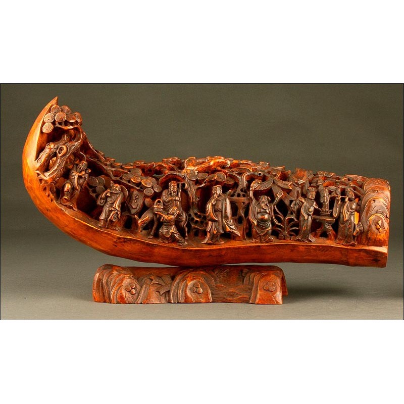 Beautiful Hand Carved Bamboo Root Piece with the Eight Immortals. Mid 20th Century