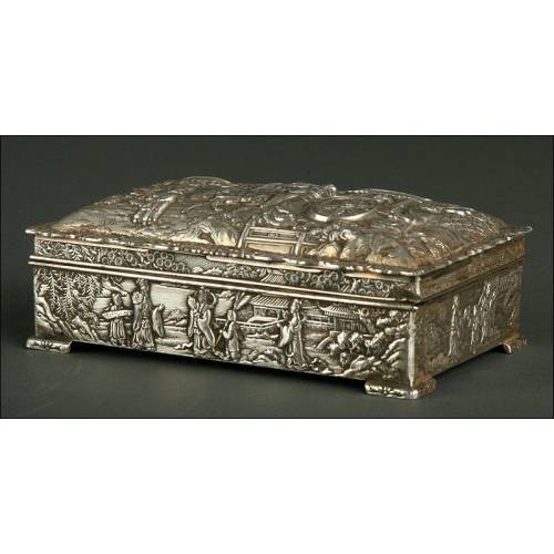 Chinese Box Covered with Silver Metal, Mid XX Century. Hand Decorated with Reliefs