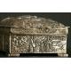 Chinese Box Covered with Silver Metal, Mid XX Century. Hand Decorated with Reliefs