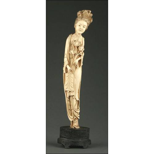 Antique Chinese Figure on Wooden Stand, Circa 1900. Ivory Paste