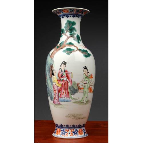 Antique Chinese Hand Painted Porcelain Vase with Country Scene. Jiaqing Mark