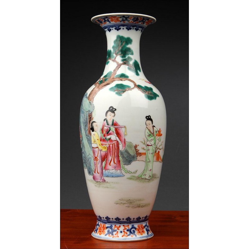 Antique Chinese Hand Painted Porcelain Vase with Country Scene. Jiaqing Mark