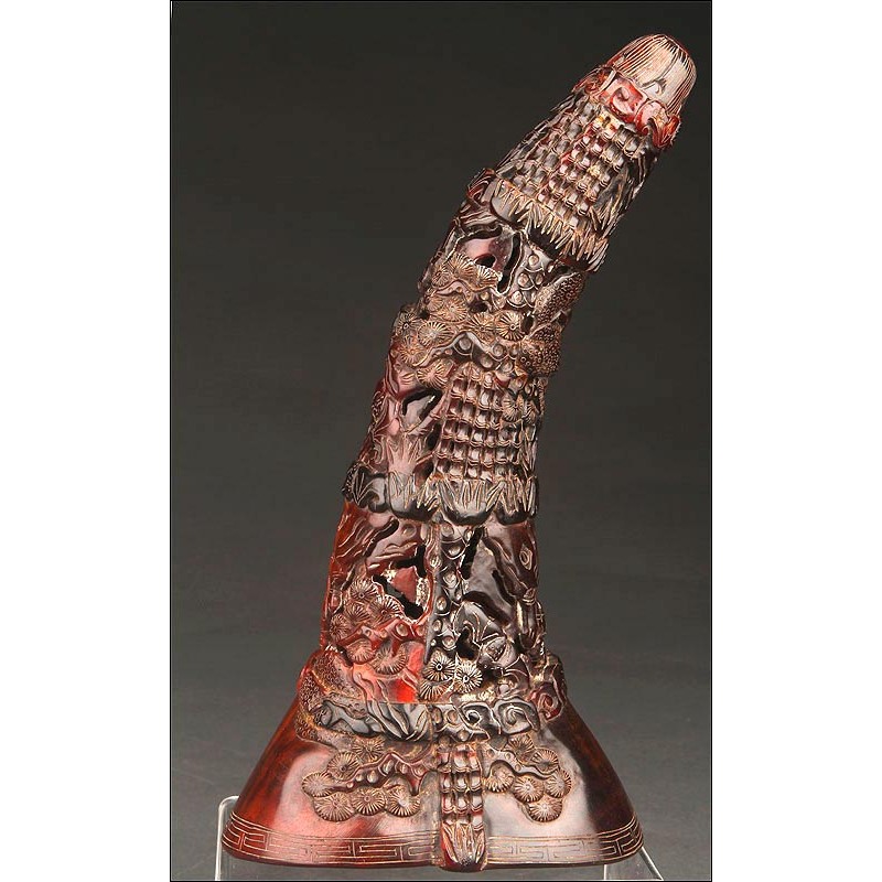 Chinese Buffalo Horn Libation Cup, Circa 1900. Completely Hand Carved.