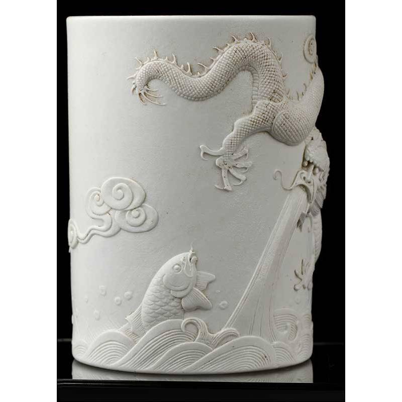 Chinese Carved Porcelain Brush Jar. Work of Wang Bingrong, Circa 1890.