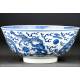 Stylized Chinese Blue and White Porcelain Bowl. Hand Decorated and with Kangxi Mark.