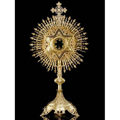 Precious and Antique French Solid Silver Monstrance, XIX Century.