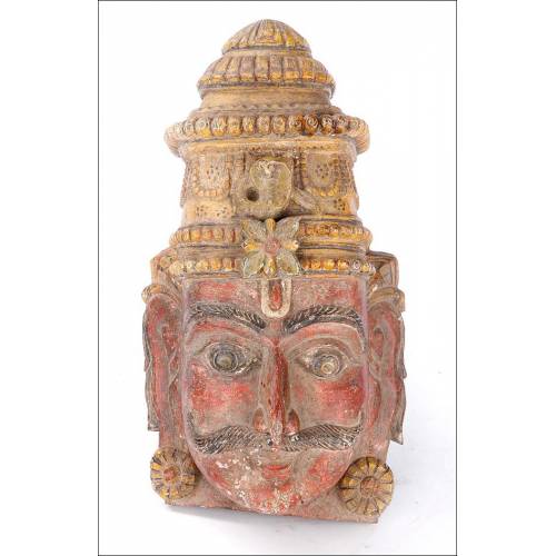 Antique Solid Wood Carved and Polychrome Mask. Southeast Asia, Circa 1900